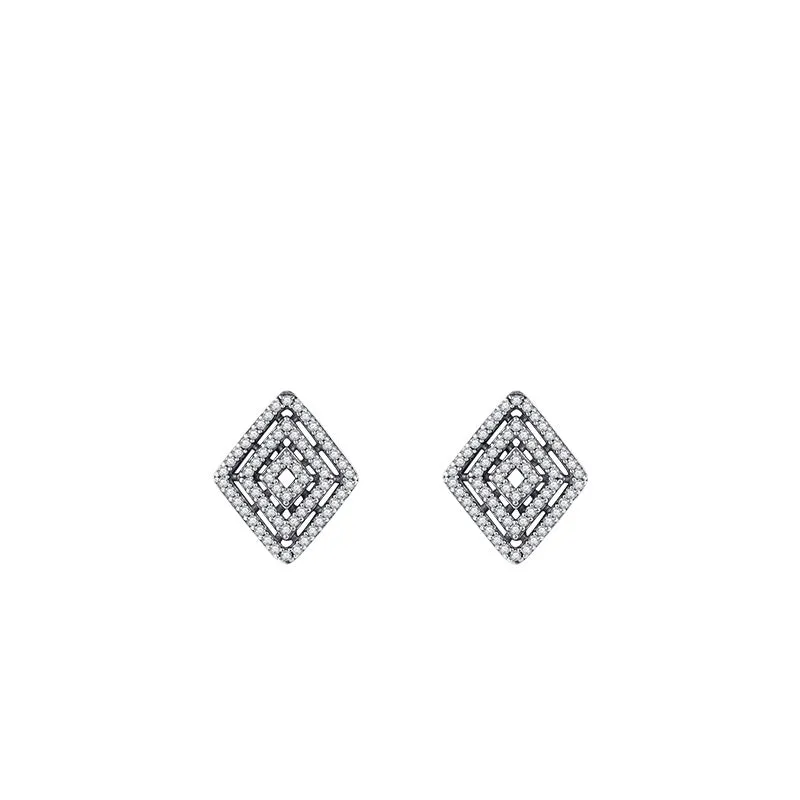 Exaggerated Vintage Diamond Shape Sterling Silver Earrings with Zircon Gemstones