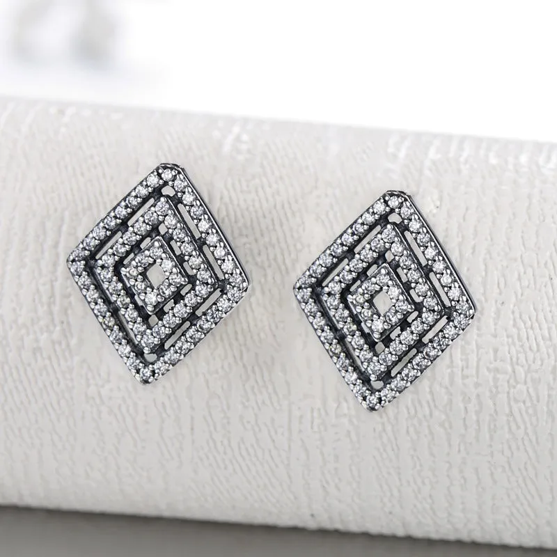 Exaggerated Vintage Diamond Shape Sterling Silver Earrings with Zircon Gemstones