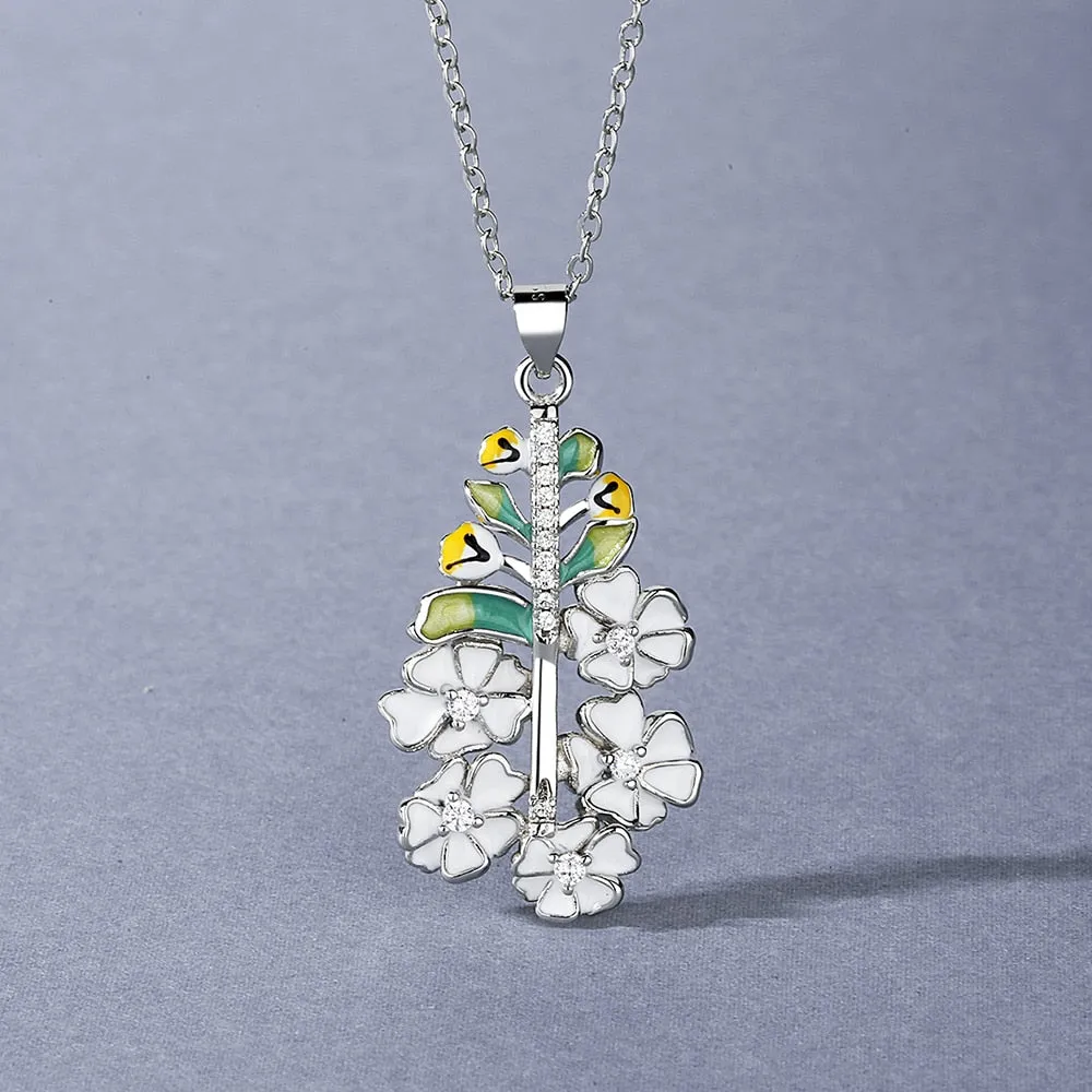 Exquisite White Flower  Enamel Pendant Necklaces with Zircon in 925 Sterling Silver