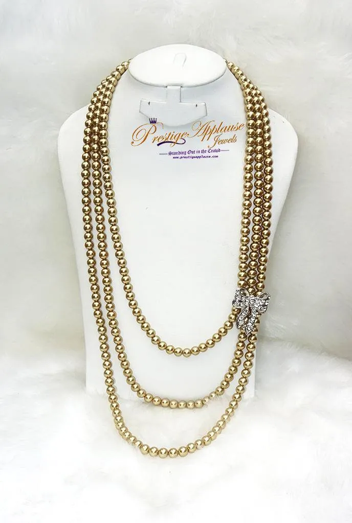 Extra Long Quality Pearls 3 Layers Golden Beautiful Luscious Bridal Wedding Crystal Party Necklace Jewellery UK