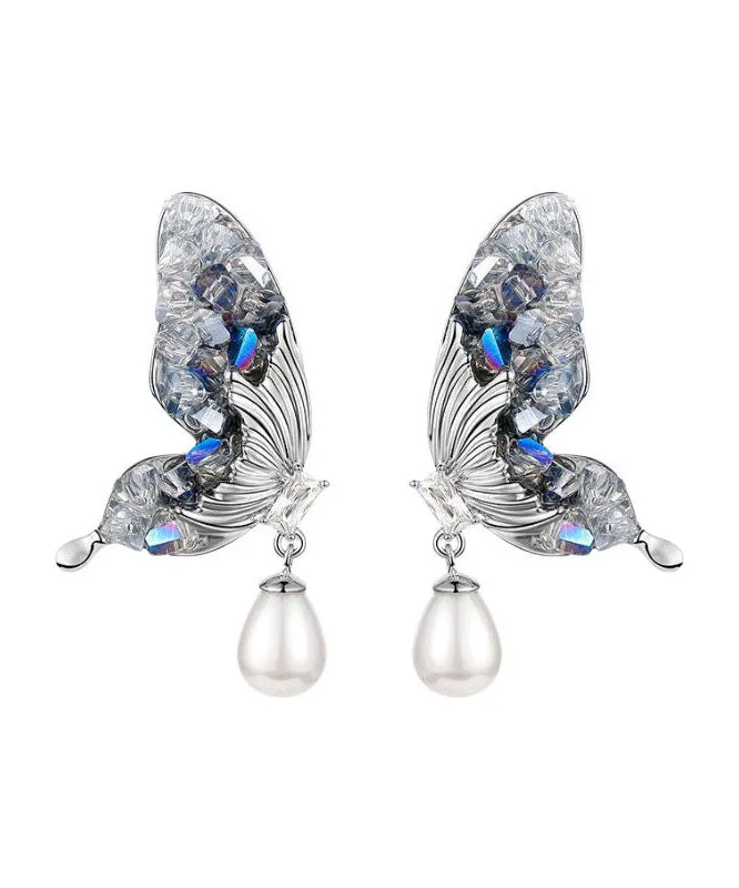 Fashion Blue Sterling Silver Zircon Pearl Crystal Butterfly Water Droplet Drop Earrings