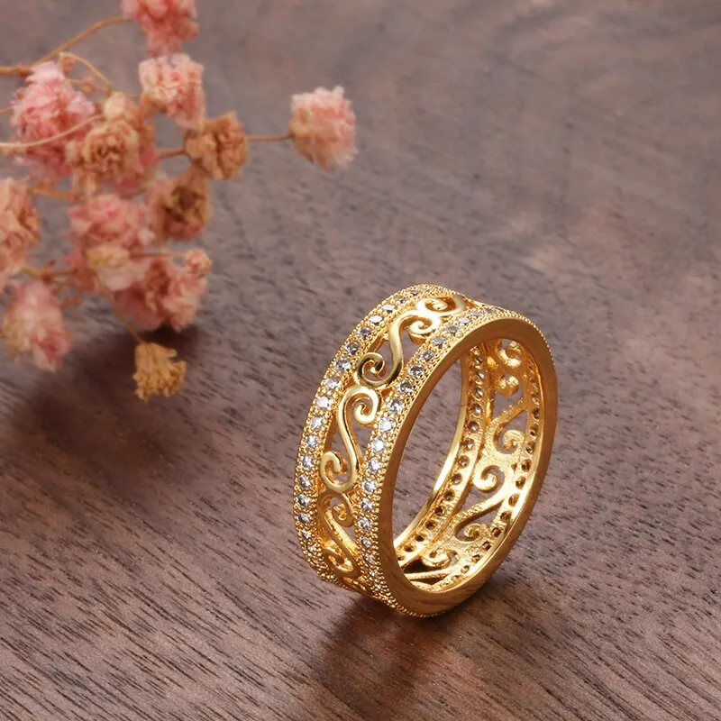 Fine Jewelry Hollow Rings For Women with Natural Zircon in Gold Color