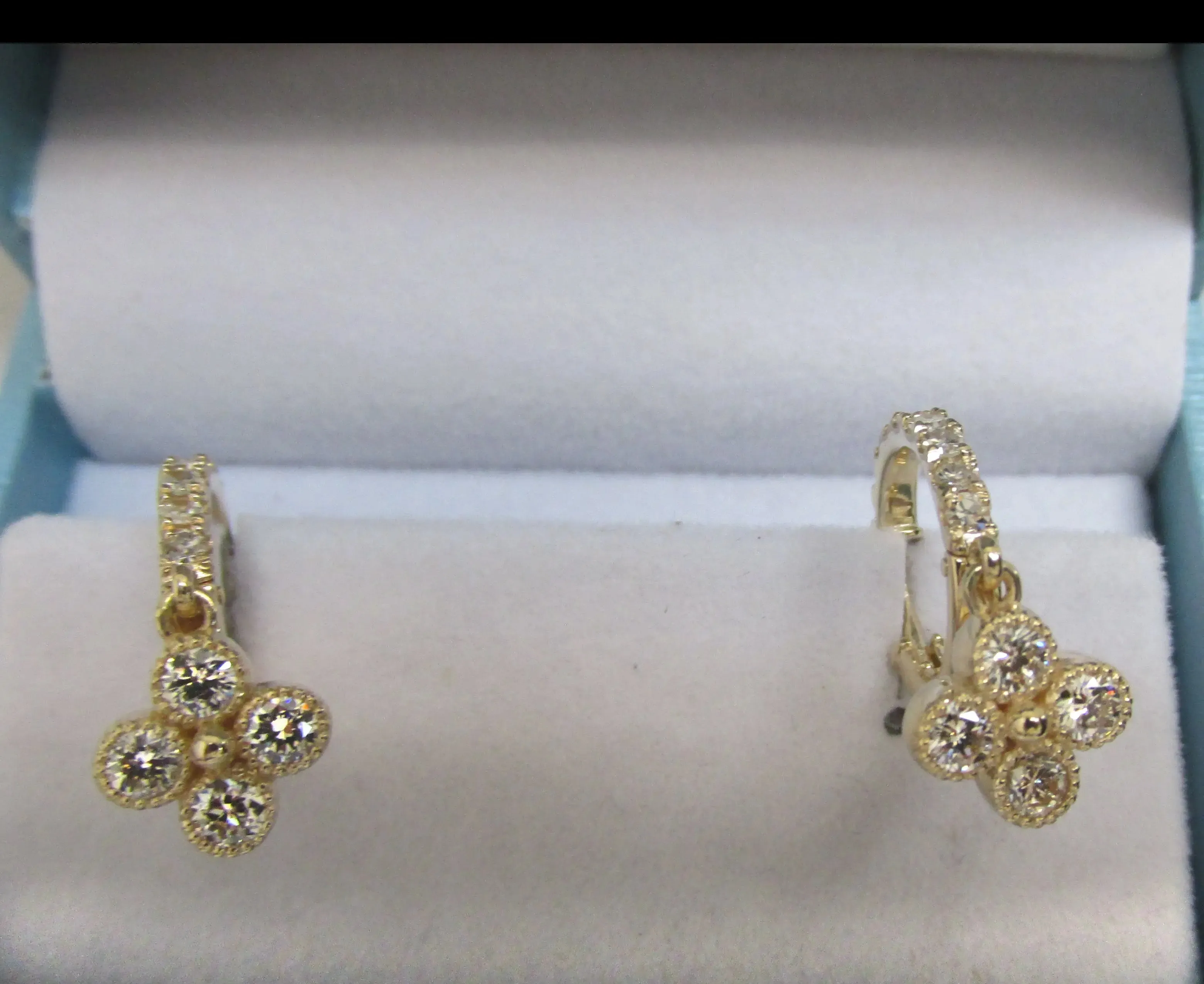 Flower Drop Diamond Huggies Earrings 14K Yellow Gold