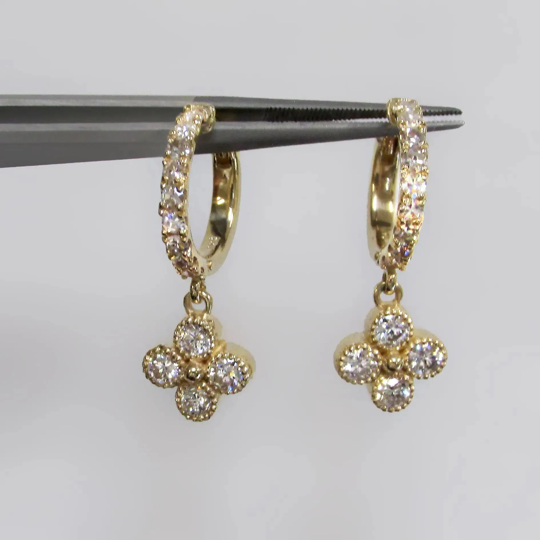 Flower Drop Diamond Huggies Earrings 14K Yellow Gold