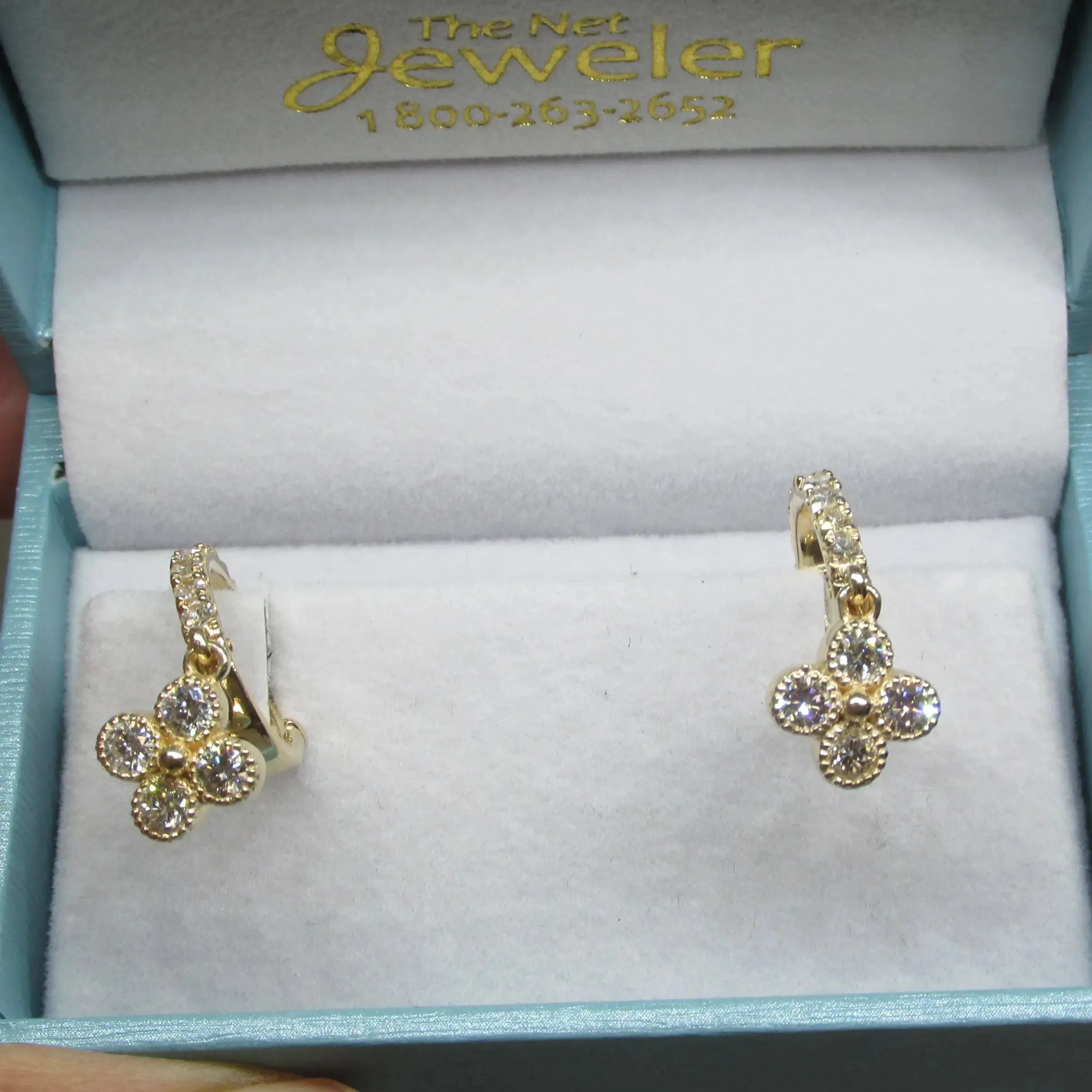 Flower Drop Diamond Huggies Earrings 14K Yellow Gold