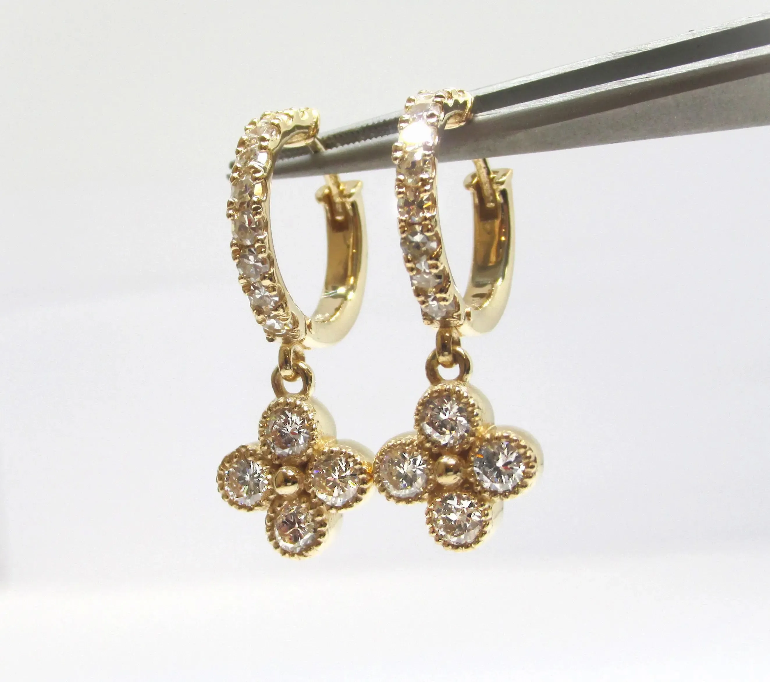 Flower Drop Diamond Huggies Earrings 14K Yellow Gold