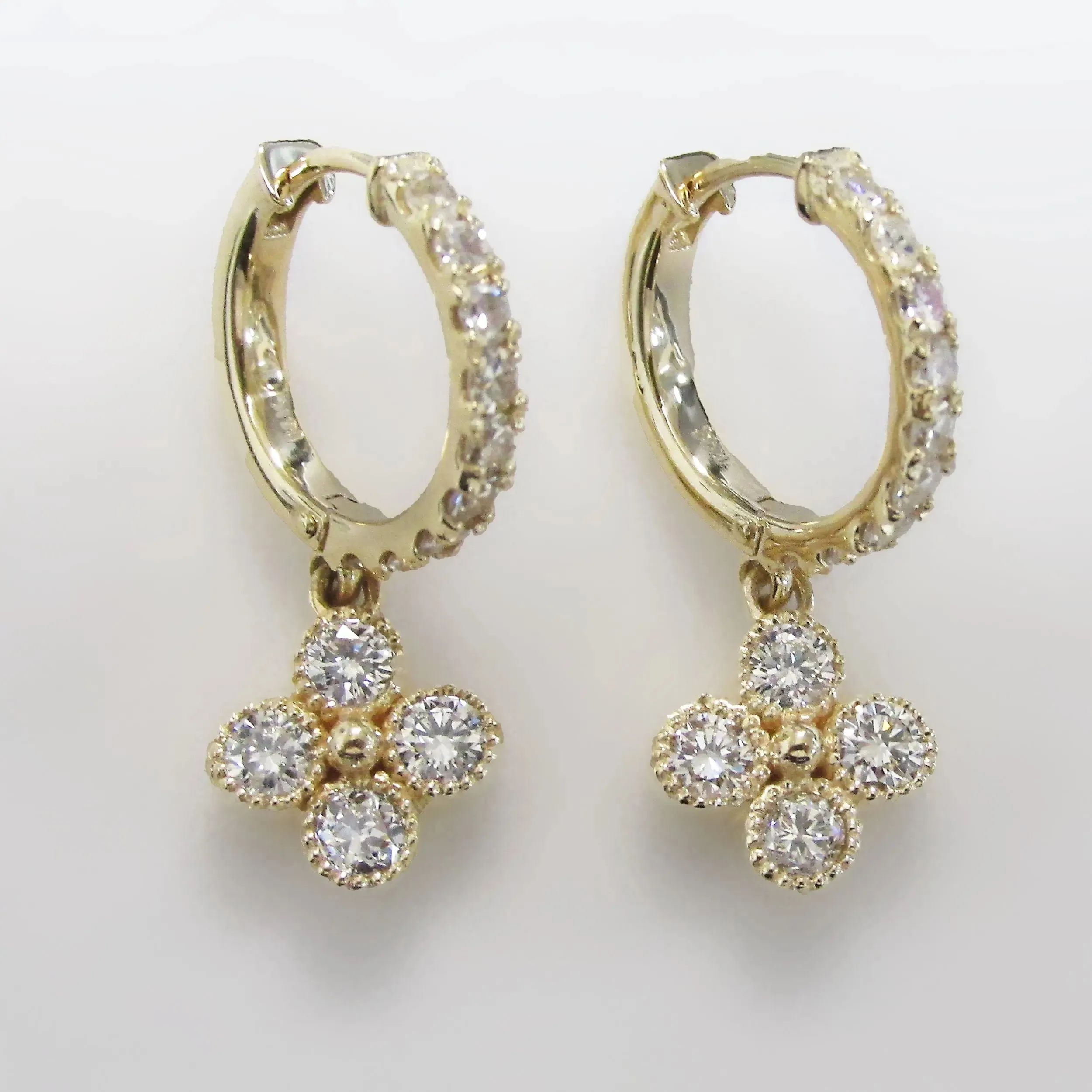 Flower Drop Diamond Huggies Earrings 14K Yellow Gold