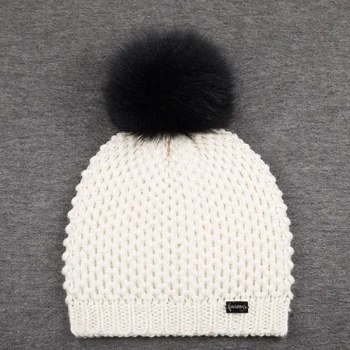 Fox Fur Pom Pom Wool Casual Warm Knitted Winter Beanie