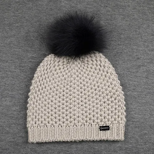 Fox Fur Pom Pom Wool Casual Warm Knitted Winter Beanie