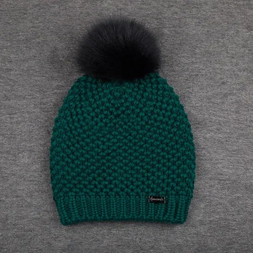 Fox Fur Pom Pom Wool Casual Warm Knitted Winter Beanie