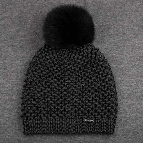 Fox Fur Pom Pom Wool Casual Warm Knitted Winter Beanie