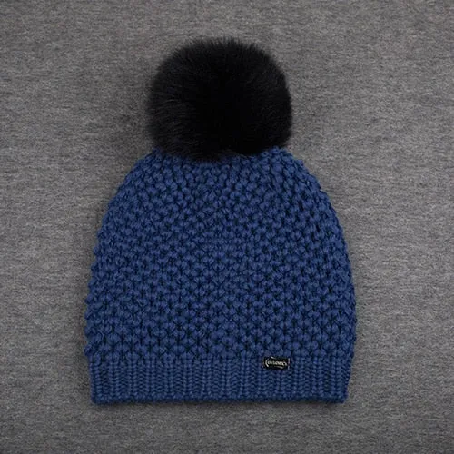 Fox Fur Pom Pom Wool Casual Warm Knitted Winter Beanie