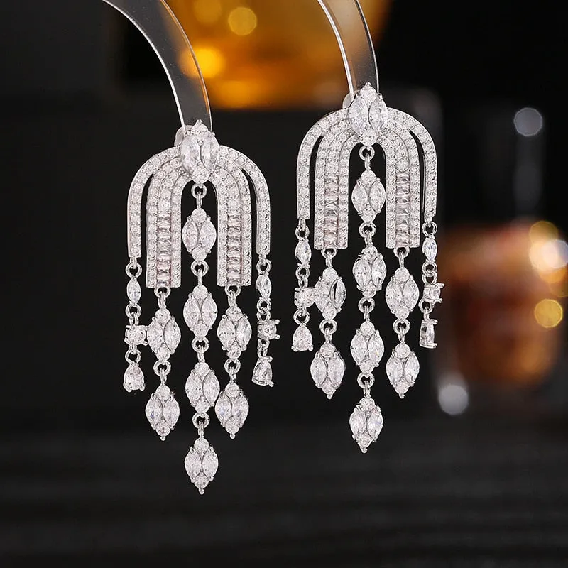 French elegant light luxury cubic zirconia arch design wedding tassel earrings bridal dress earrings party accessories LYC160