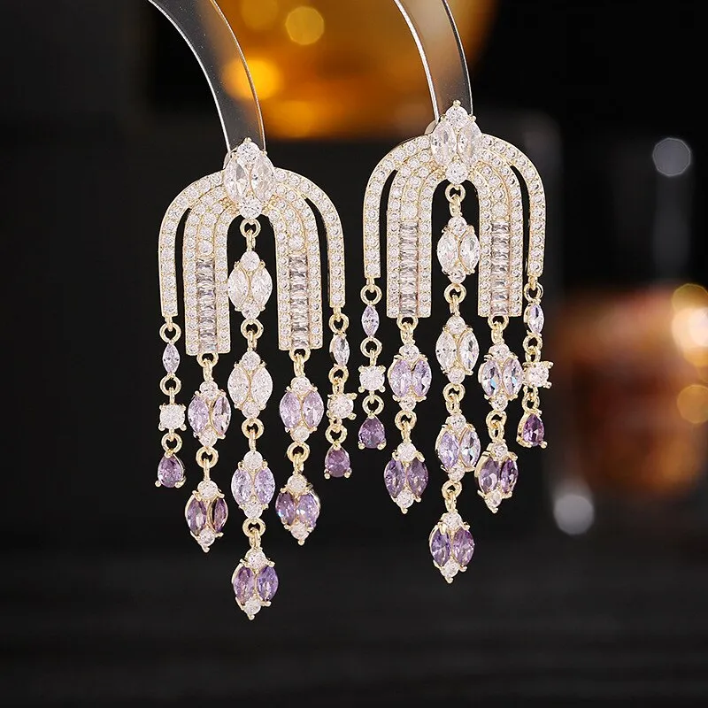 French elegant light luxury cubic zirconia arch design wedding tassel earrings bridal dress earrings party accessories LYC160