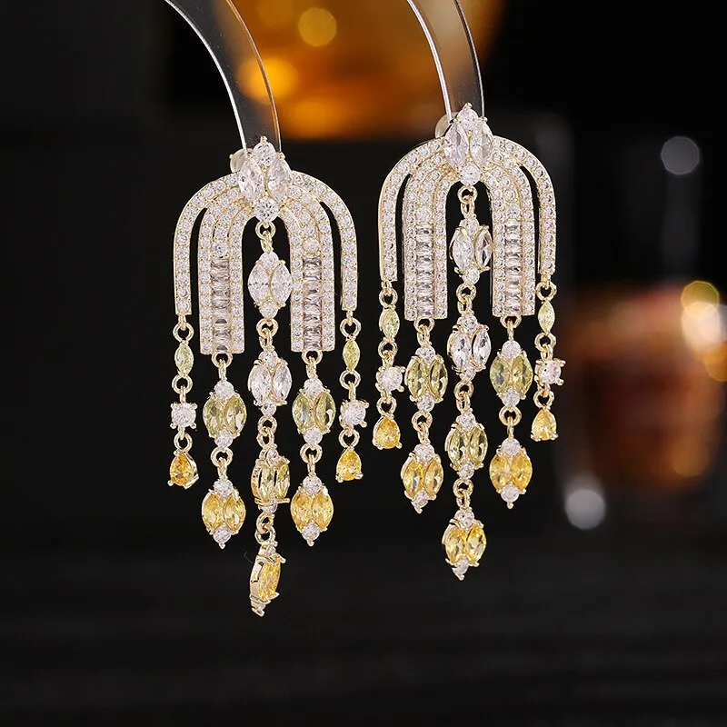 French elegant light luxury cubic zirconia arch design wedding tassel earrings bridal dress earrings party accessories LYC160