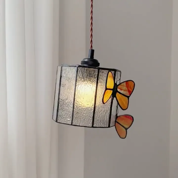 French Retro Butterfly Glass Shade Pendant Light