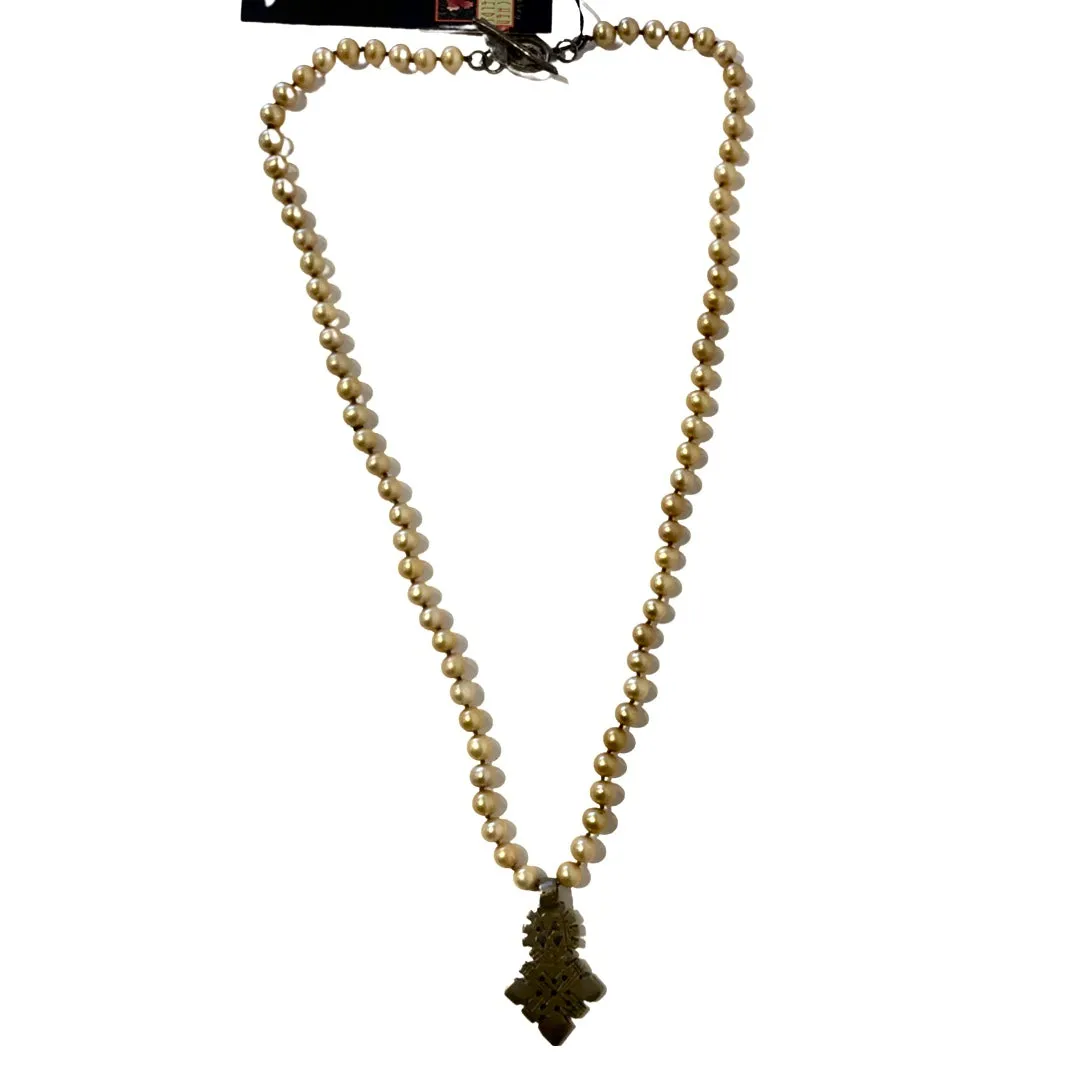 Freshwater Golden Potato Pearl Necklace with Ethiopian Cross