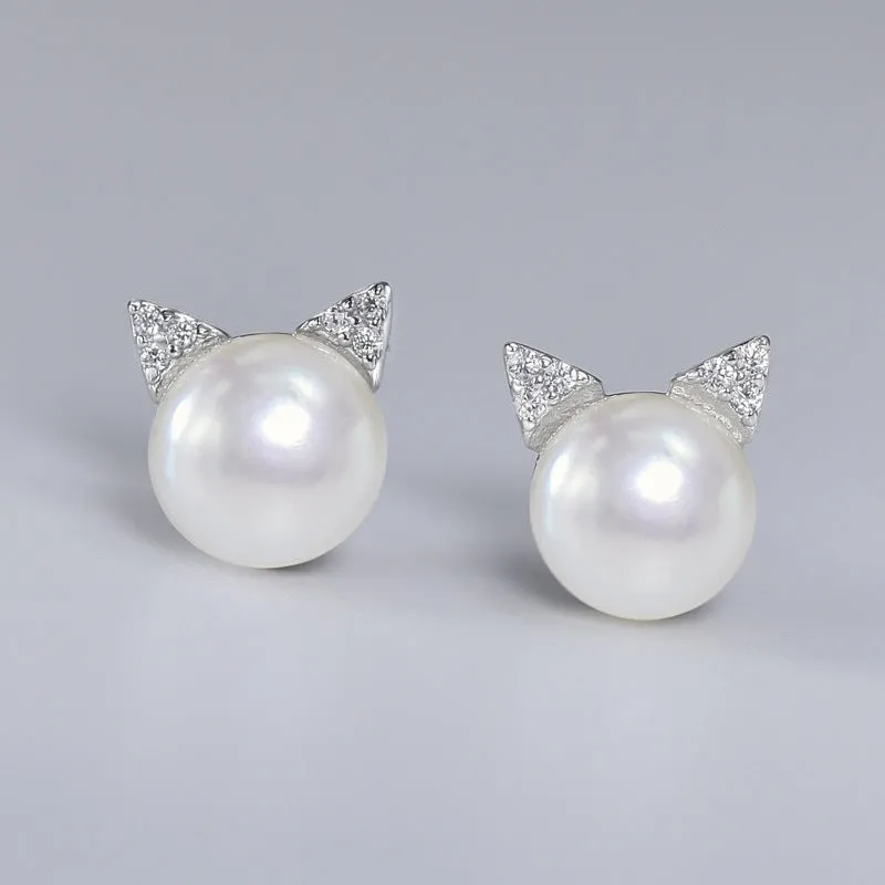 Freshwater Pearl Cat Head Silver Stud Earrings for Women