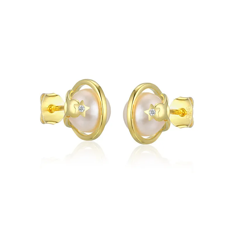 Freshwater Pearl Planet with Zircon Silver Studs Earrings for Women