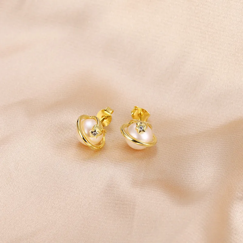 Freshwater Pearl Planet with Zircon Silver Studs Earrings for Women