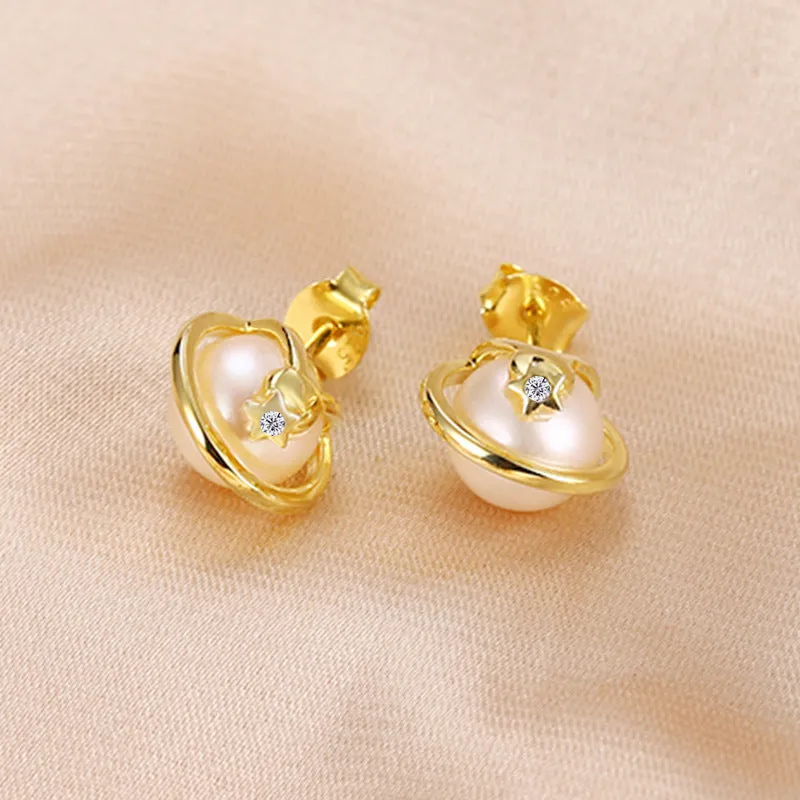 Freshwater Pearl Planet with Zircon Silver Studs Earrings for Women