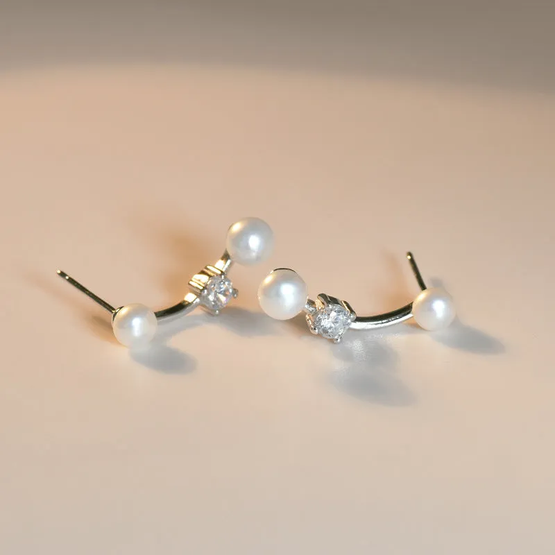 Freshwater Pearl with Round Zircon Silver Stud Earrings for Women