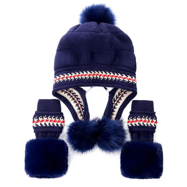 Fur Lining Knitted Hat With Gloves Set Pompoms Outdoor Knitted Woolen Warm Winter Cap