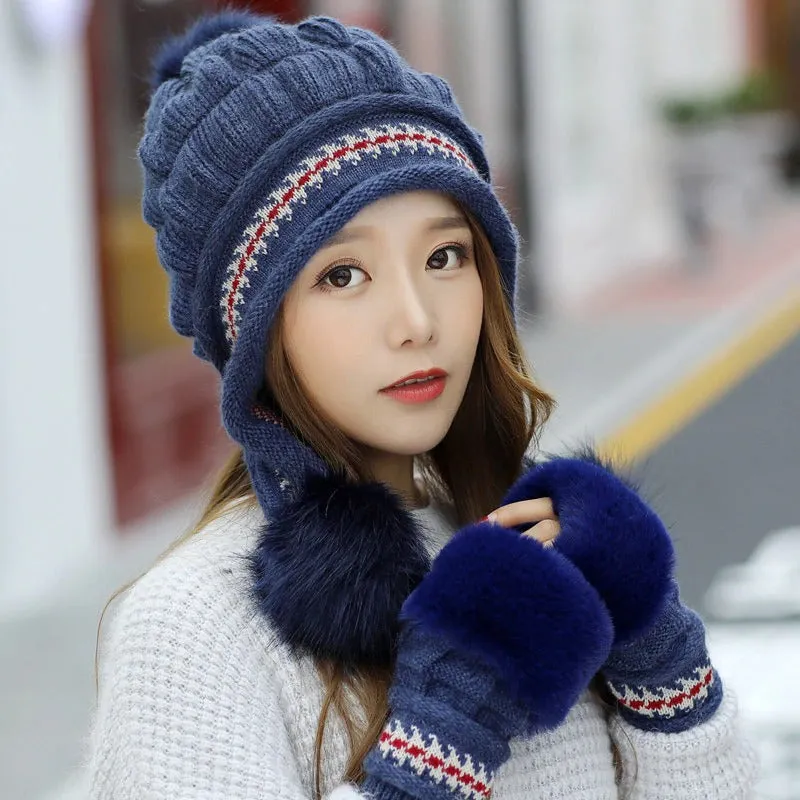 Fur Lining Knitted Hat With Gloves Set Pompoms Outdoor Knitted Woolen Warm Winter Cap