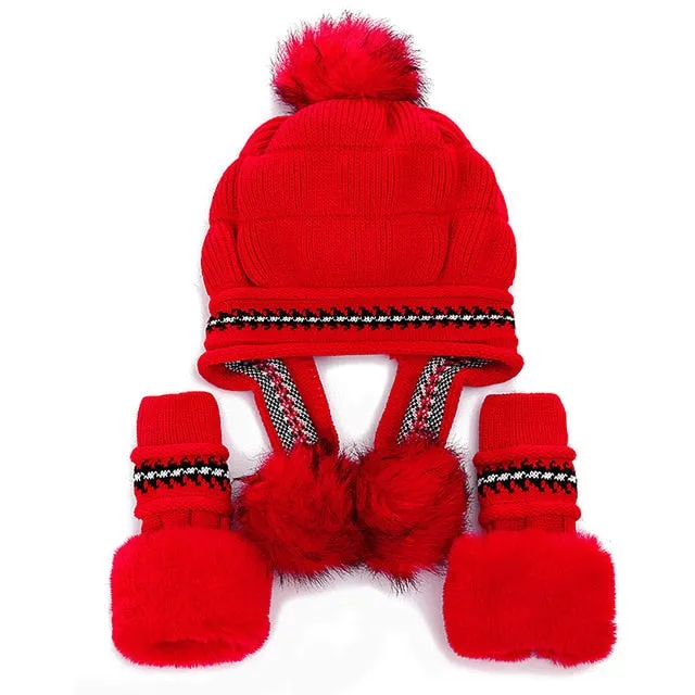 Fur Lining Knitted Hat With Gloves Set Pompoms Outdoor Knitted Woolen Warm Winter Cap