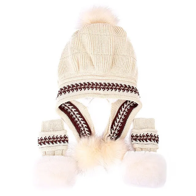 Fur Lining Knitted Hat With Gloves Set Pompoms Outdoor Knitted Woolen Warm Winter Cap