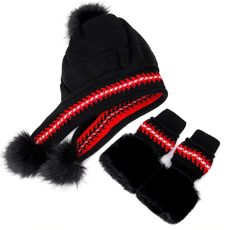 Fur Lining Knitted Hat With Gloves Set Pompoms Outdoor Knitted Woolen Warm Winter Cap