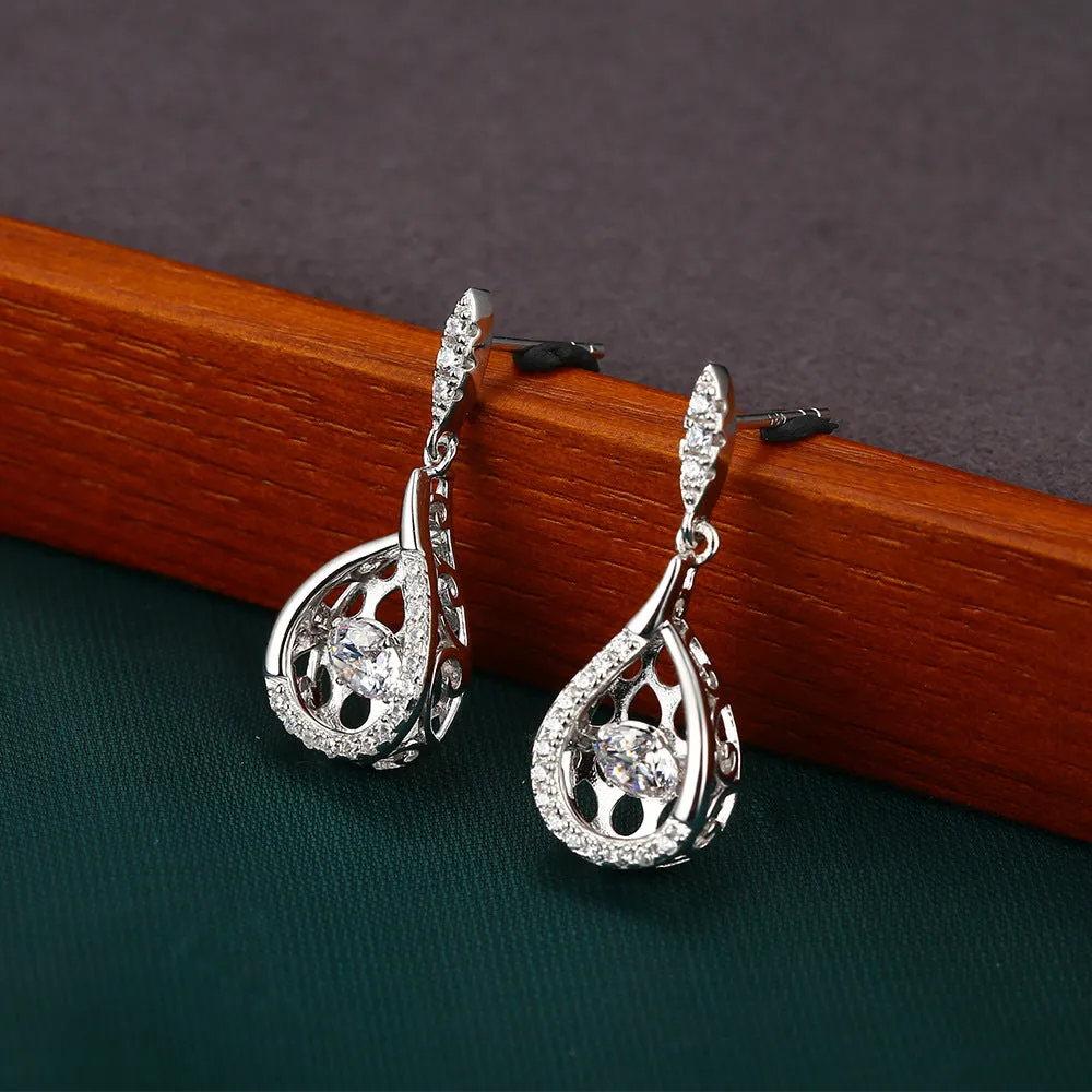 Geometric Pear Drop Hollow Zircon Silver Drop Earrings for Women