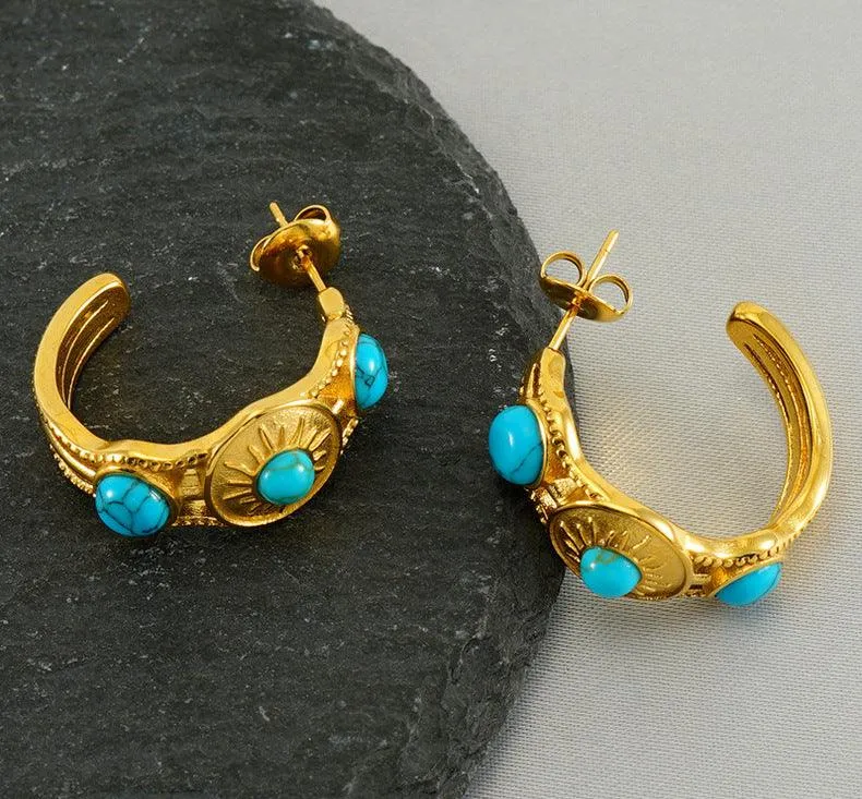 Gold-Plated Geometric Stud Earrings with Turquoise Stones