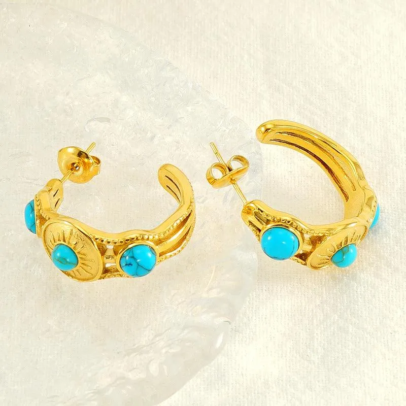 Gold-Plated Geometric Stud Earrings with Turquoise Stones