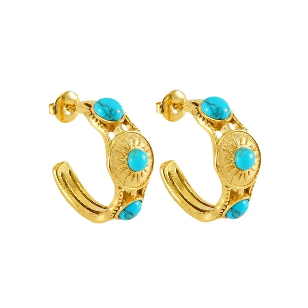 Gold-Plated Geometric Stud Earrings with Turquoise Stones