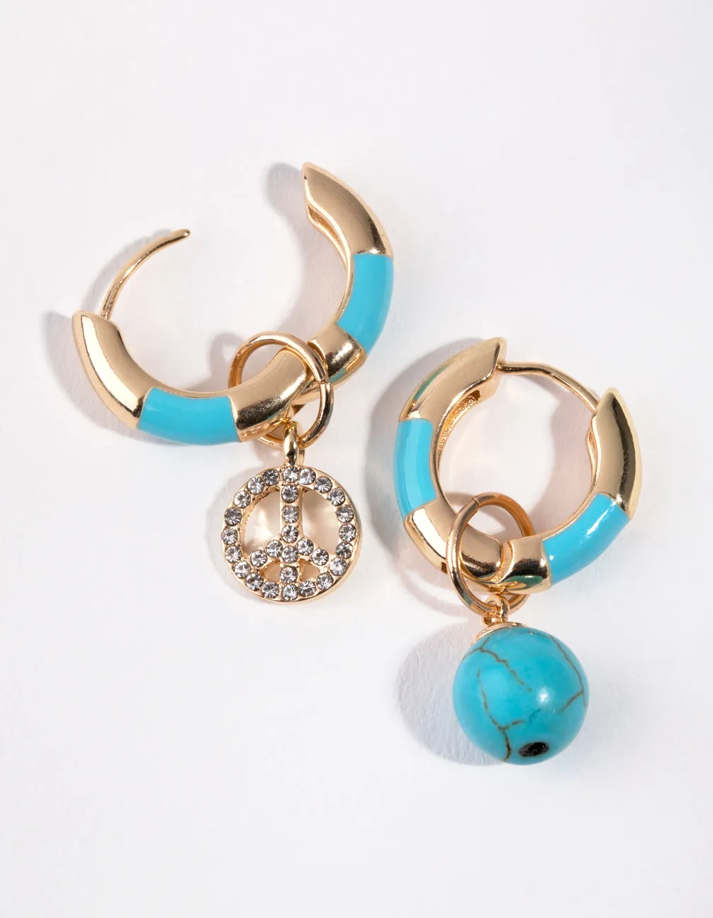 Gold Turquoise Diamante Peace Hoop Earrings