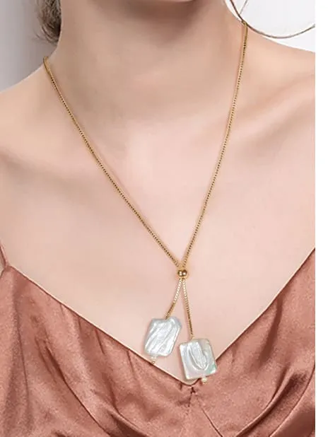 Golden Lariat  Square Natural Pearl Necklace Sterling Silver Front Adjustable Women's Jewelry -KESLEY