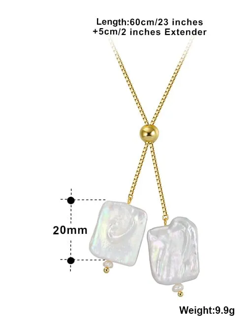 Golden Lariat  Square Natural Pearl Necklace Sterling Silver Front Adjustable Women's Jewelry -KESLEY