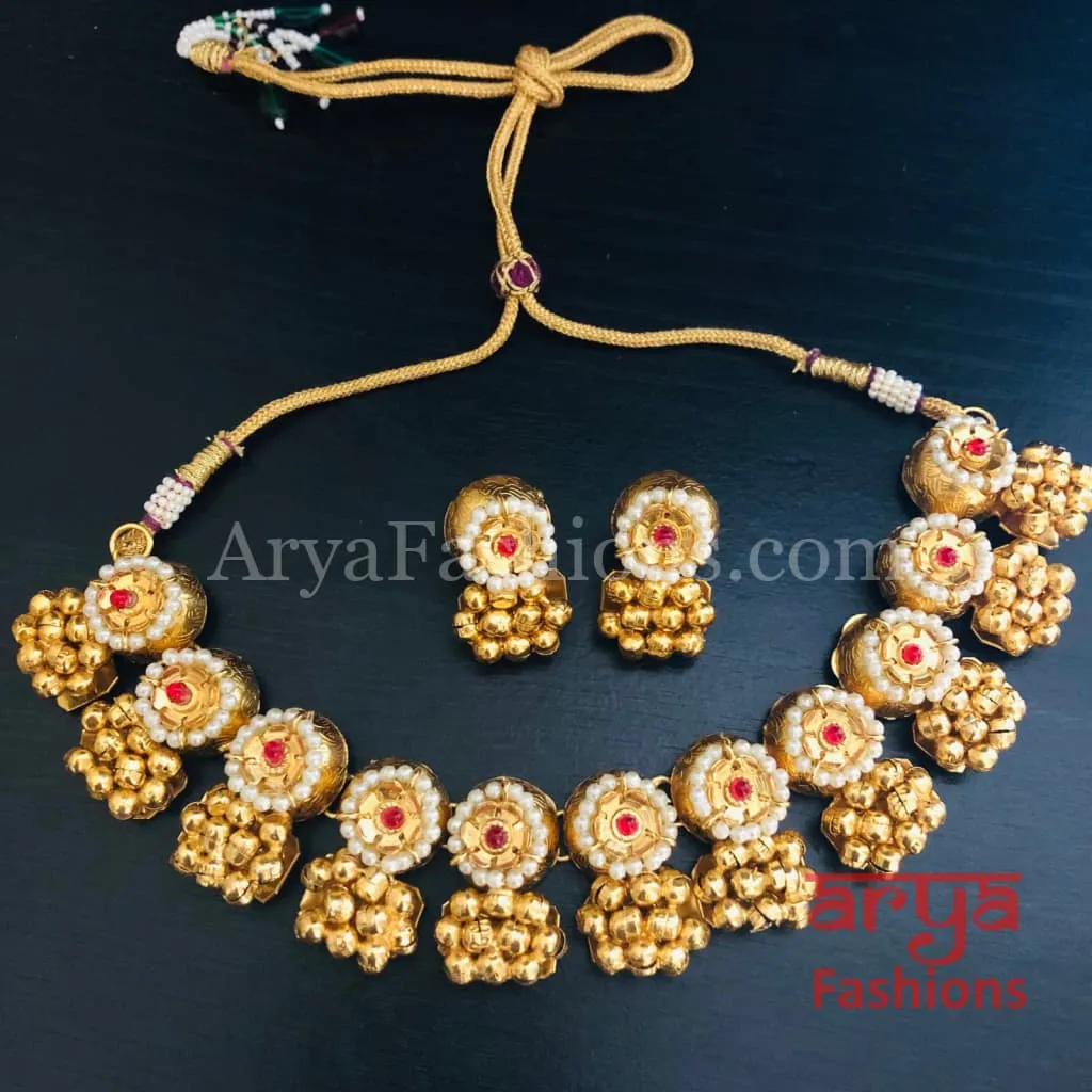 Golden Rajwadi Kundan necklace/ Gray Bollywood Kundan Statement Necklace