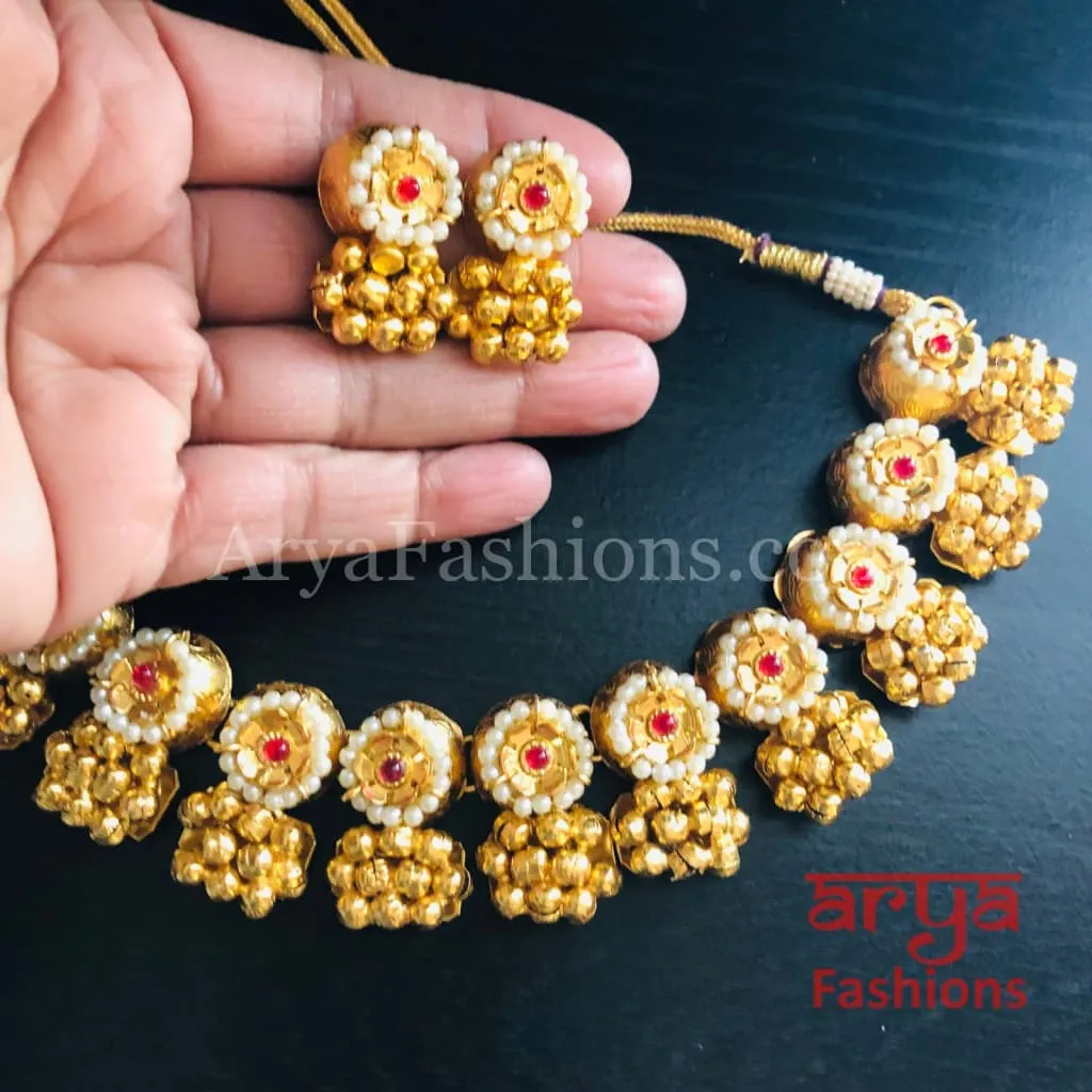 Golden Rajwadi Kundan necklace/ Gray Bollywood Kundan Statement Necklace