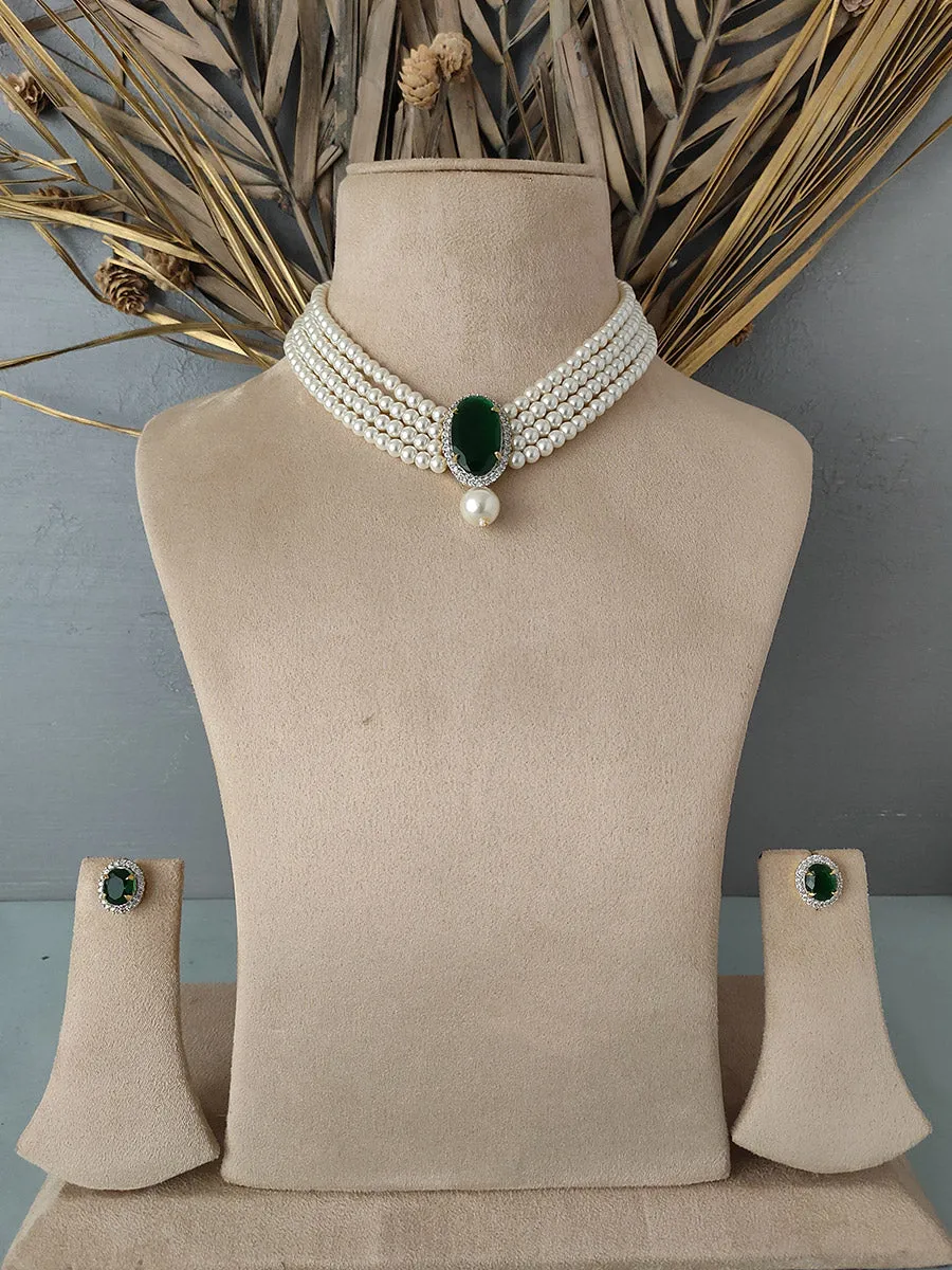 Green Color Gold Plated Faux Diamond Necklace Set - CZSET139GR