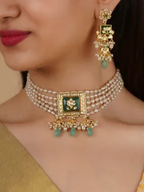 Green Color Gold Plated Jadau Kundan Necklace Set - MS2177YGR