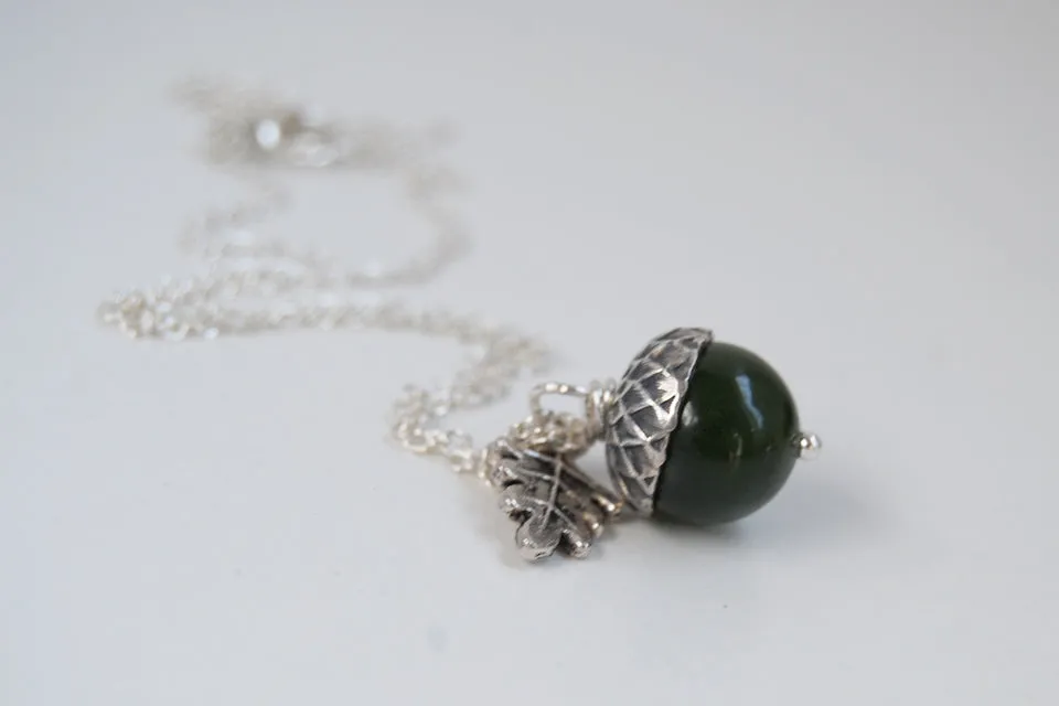 Green Jade and Silver Acorn Necklace | Cute Nature Acorn Charm Necklace | Forest Acorn Necklace | Woodland Gemstone Acorn | Nature Jewelry