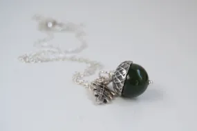 Green Jade and Silver Acorn Necklace | Cute Nature Acorn Charm Necklace | Forest Acorn Necklace | Woodland Gemstone Acorn | Nature Jewelry