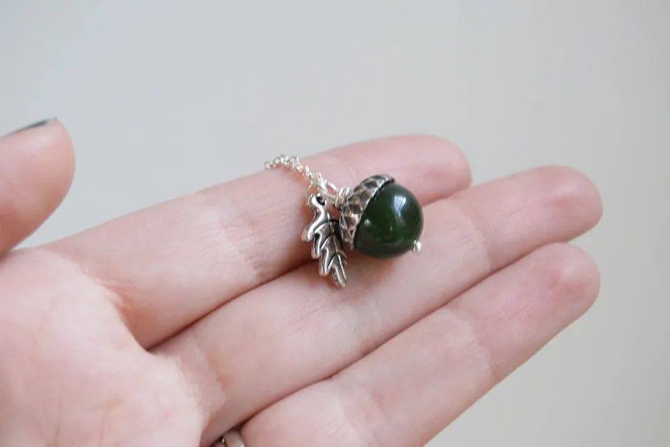 Green Jade and Silver Acorn Necklace | Cute Nature Acorn Charm Necklace | Forest Acorn Necklace | Woodland Gemstone Acorn | Nature Jewelry