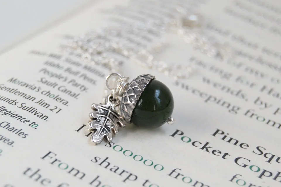 Green Jade and Silver Acorn Necklace | Cute Nature Acorn Charm Necklace | Forest Acorn Necklace | Woodland Gemstone Acorn | Nature Jewelry