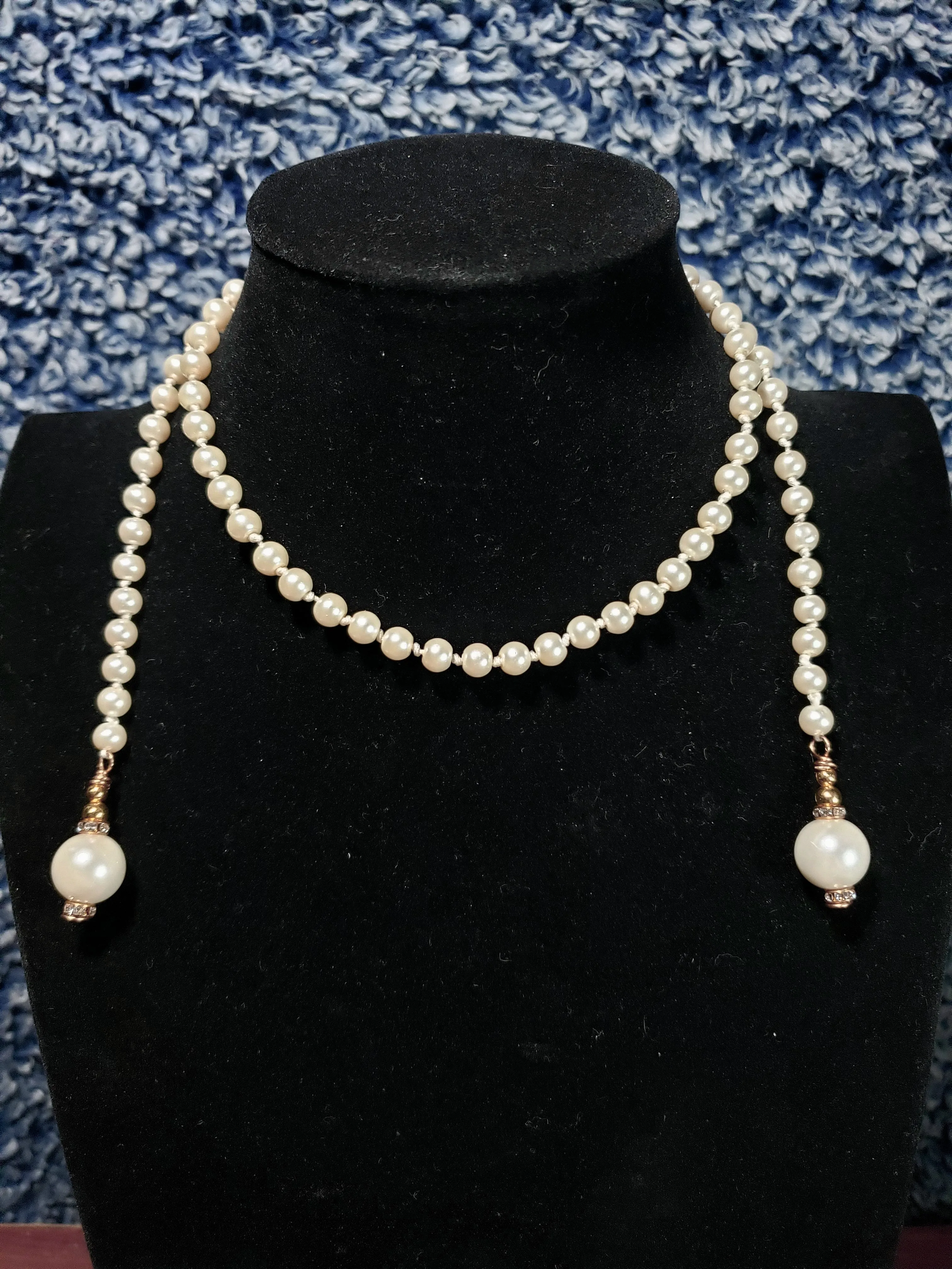 Hand Knotted Pearl 30" Lariat style Necklace with Silver Tone & Austrian Crystal Accents