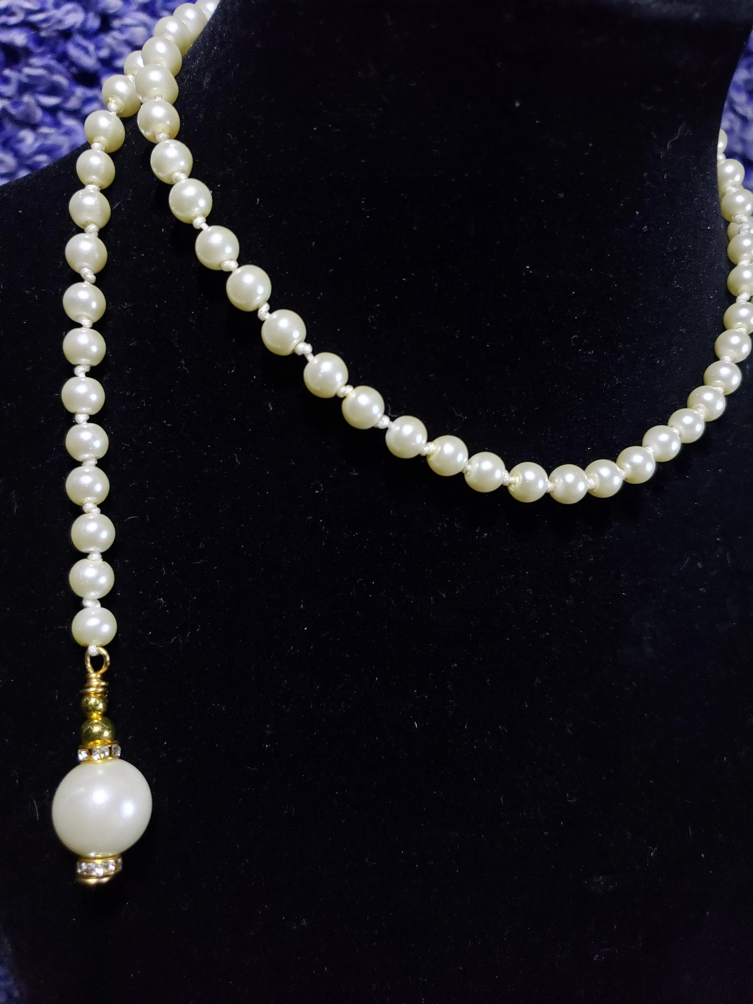 Hand Knotted Pearl 30" Lariat style Necklace with Silver Tone & Austrian Crystal Accents