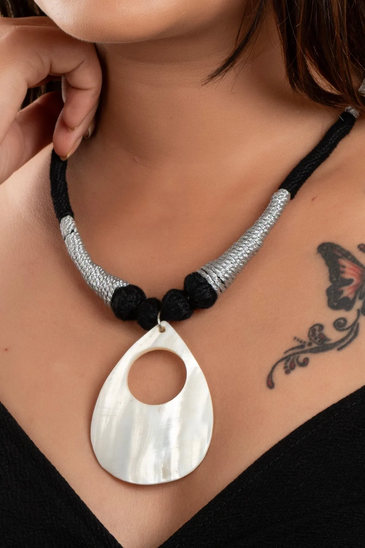 Handcrafted Mother of Pearl Drop Pendant Necklace with Black Silver Dori for Women and Girls