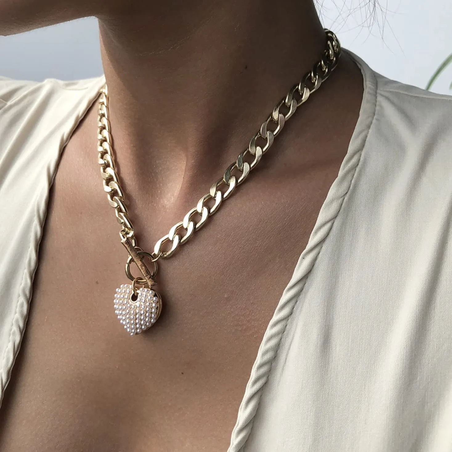 Heart Pearl Charm Gold Chain Link Necklace